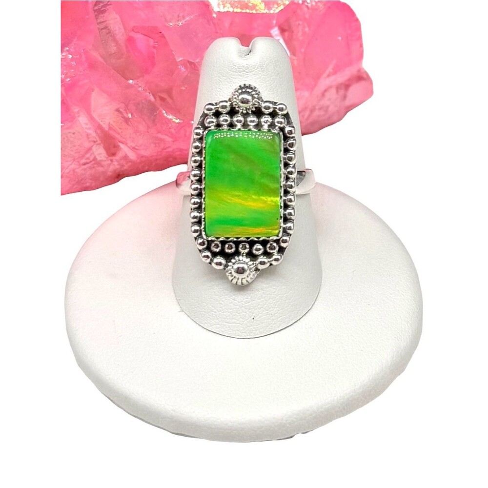 Aurora Fire Opal Ring Size 8 Solid 925 Sterling Silver Aura Lime Green